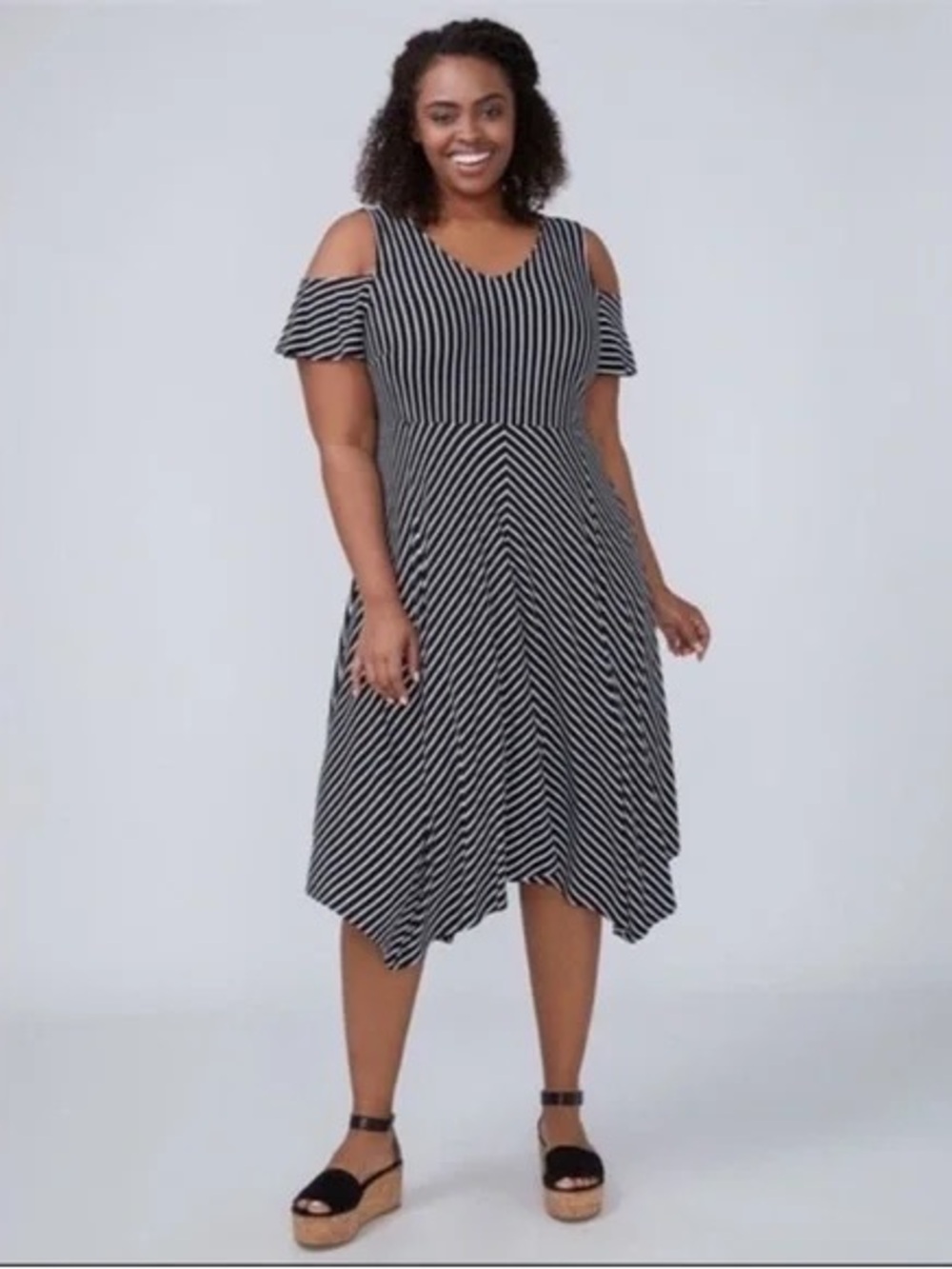 Lane Bryant Plus Size Black and White Striped Cold-Shoulder Midi Dress 18/20
